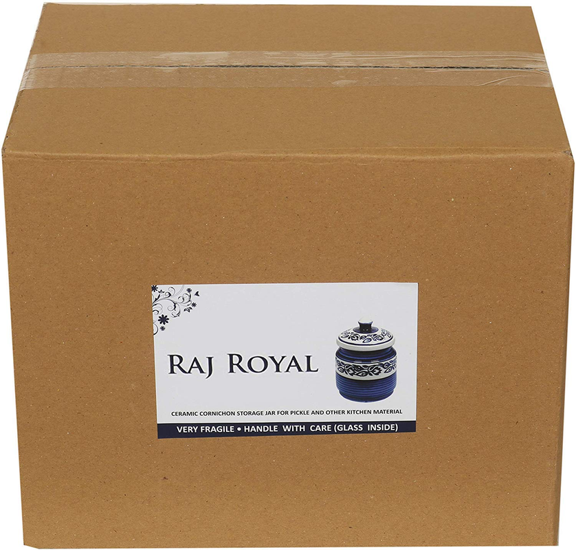 RAJ Royal Hand Painted Ceramic Cornichon Storage Jar, Dry items White Pottery Dry Food Storage Container Donga with Lid For Kitchen, Home - Multipurpose Storage Canister (2 Kg, 1 Piece, Blue)
