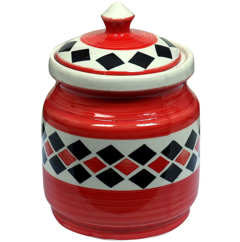 RAJ ROYAL Red Pottery Hand Painted Cornichon Storage Jar Container with Lid Mughal Ceramic Food Storage Multipurpose Storage Container for Home (Red, 750 Gram)